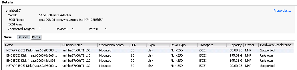 Storage Devices - Both EMC LUNs visible vSphere Client - Adapters View (final)